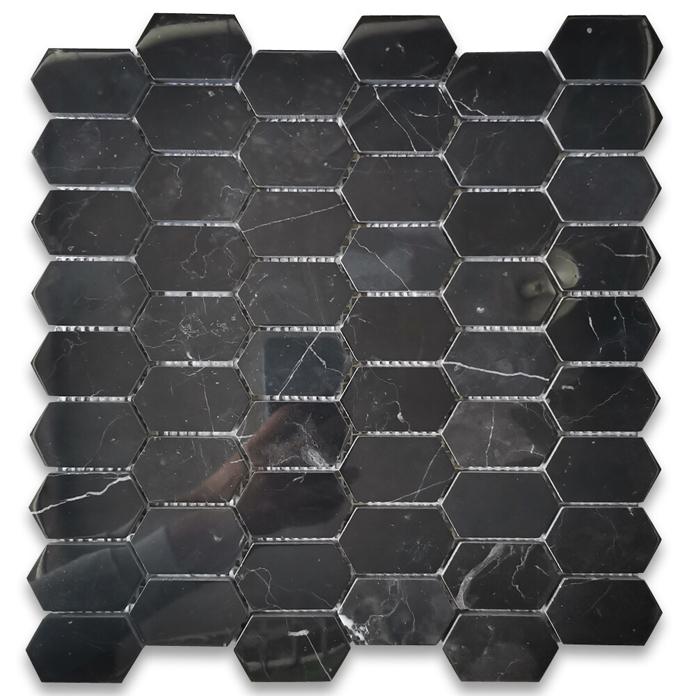 N30AXP Nero Marquina Black Marble Constellation Hexagon Mosaic Tile Polished