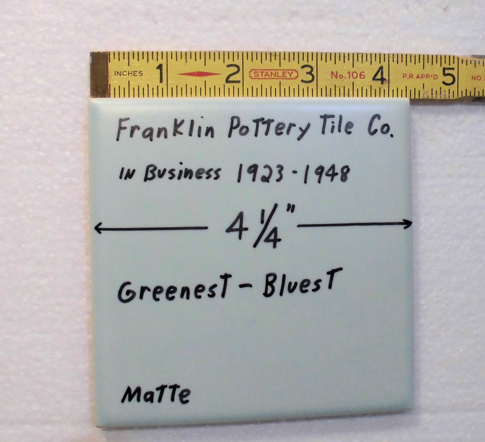 1 pc. Green – Blue: Matte Ceramic Tile by Franklin Co. 4-1/4″ Criteria 1930’s