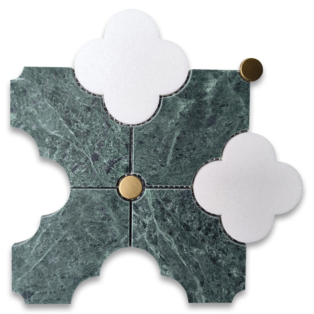 T9Q2XH Thassos White Indian Green Marble Four-Leaf Clover Flower Mosaic Tile