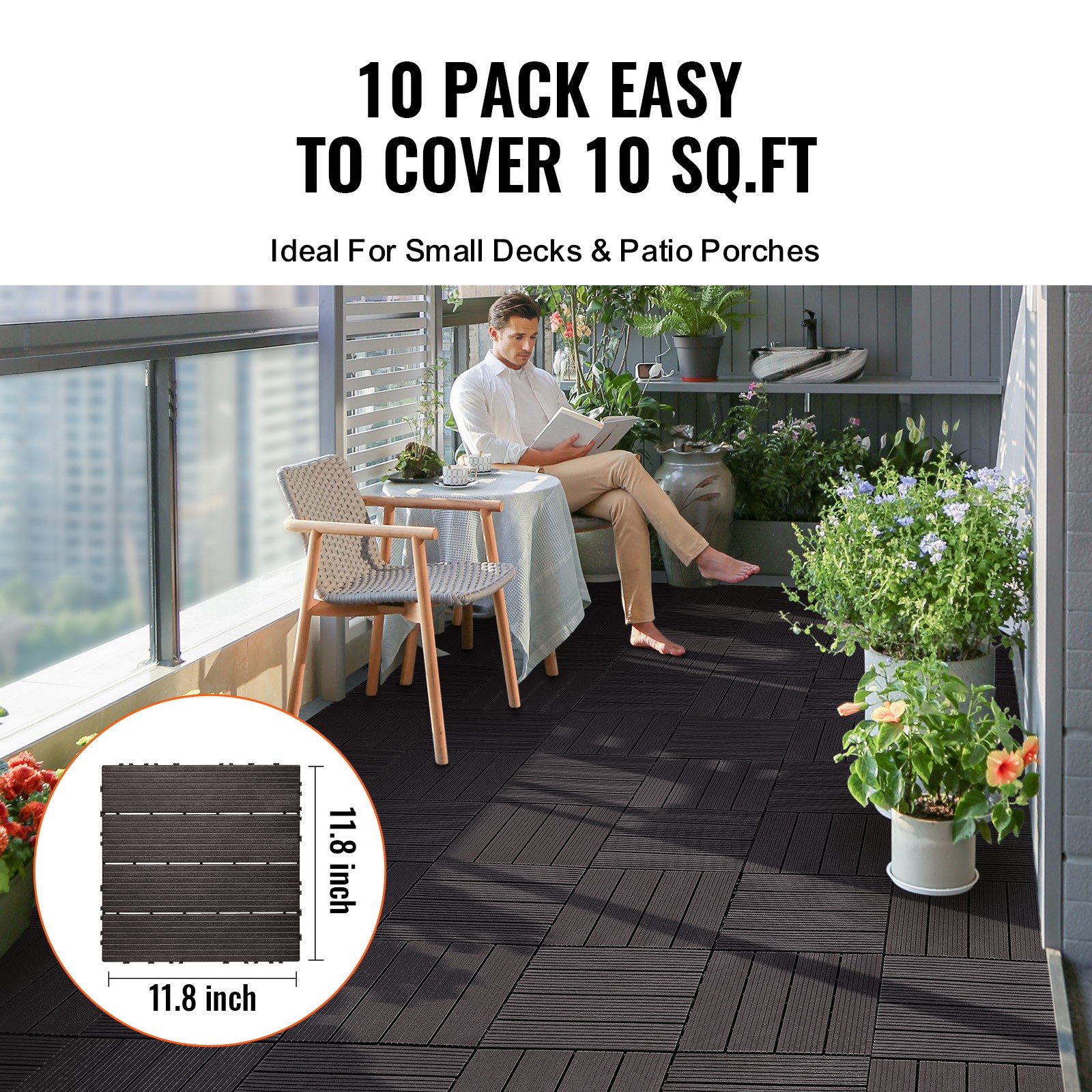 Interlocking Deck Tiles 10 Pack 12″x12″ Waterproof 10sq.ft Patio Dark Brown