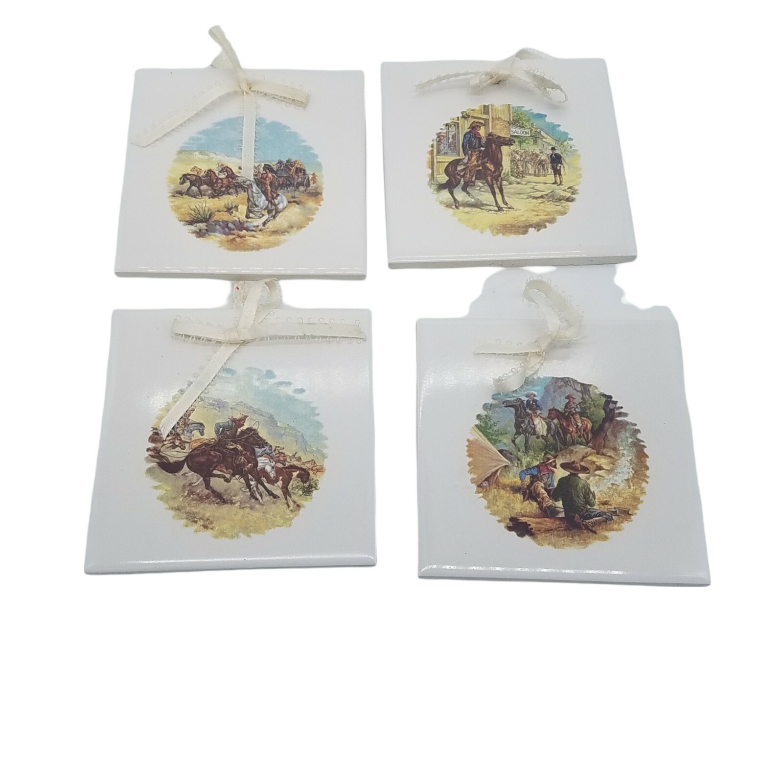 4 Ceramic Tiles Trivets Wall Hangings Western Cowboys 4.25 X 4.25 Made In USA