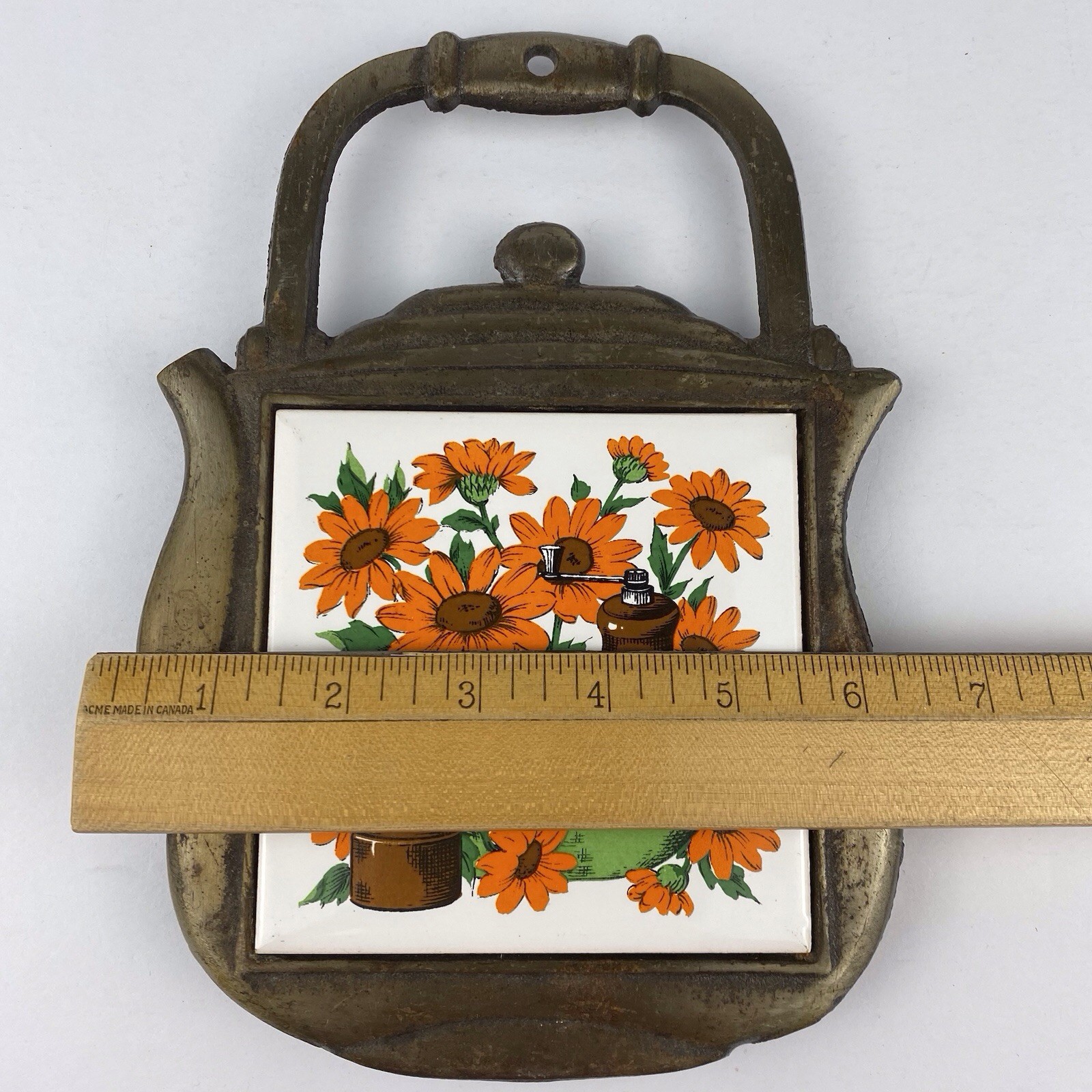 Vintage Cherry Japan Tile Cast Metal Trivet Hot Plate MCM 70s Floral Tea Pot
