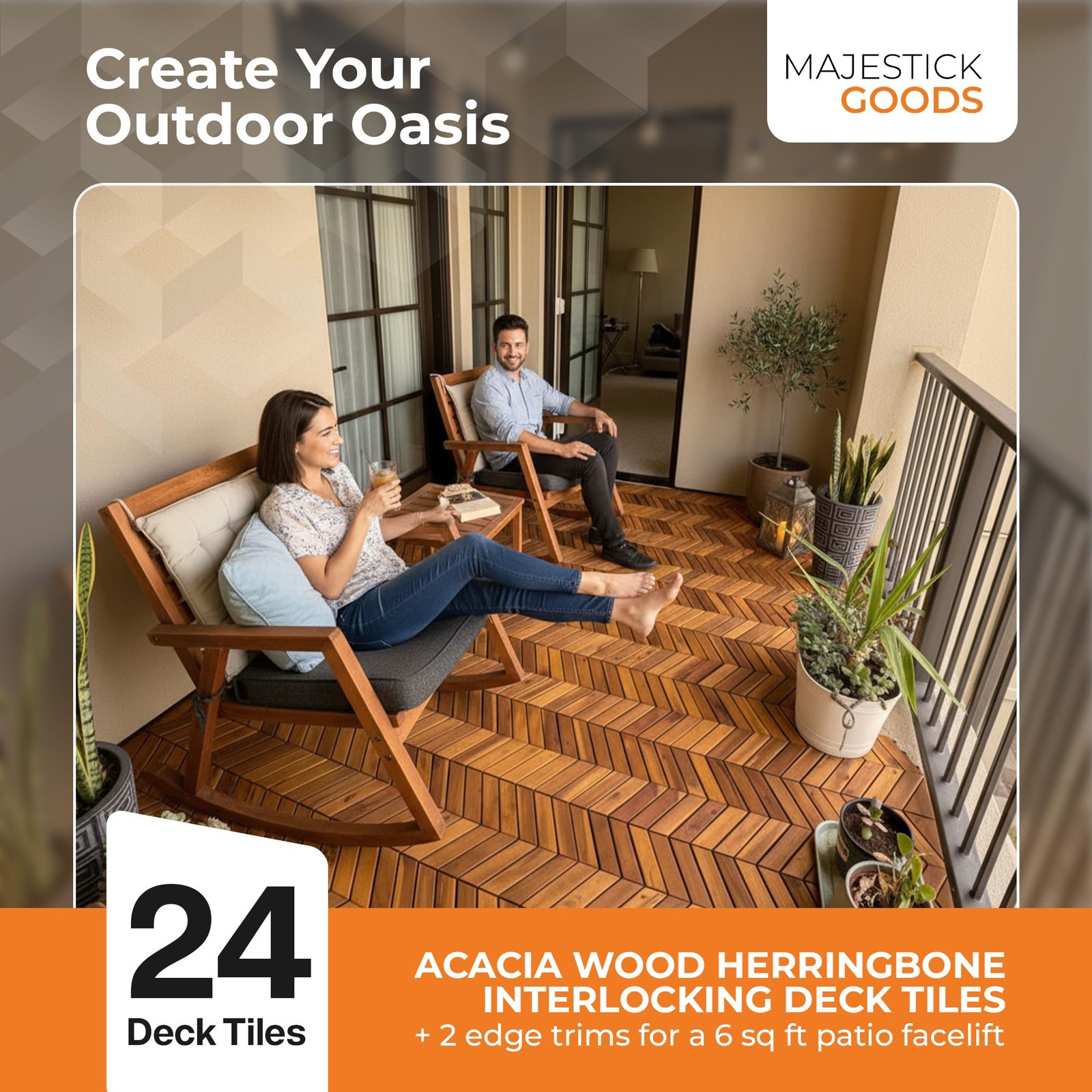 Majestick Goods Interlocking Deck Tiles 12″x8″ Herringbone 18 Sq Ft Acacia W…