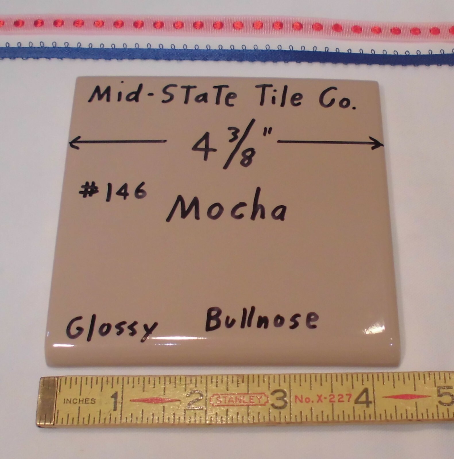 1 pc. *Mocha – Brown* Bullnose Ceramic Tile 4-3/8″ by Mid-State Co. Glossy NEW