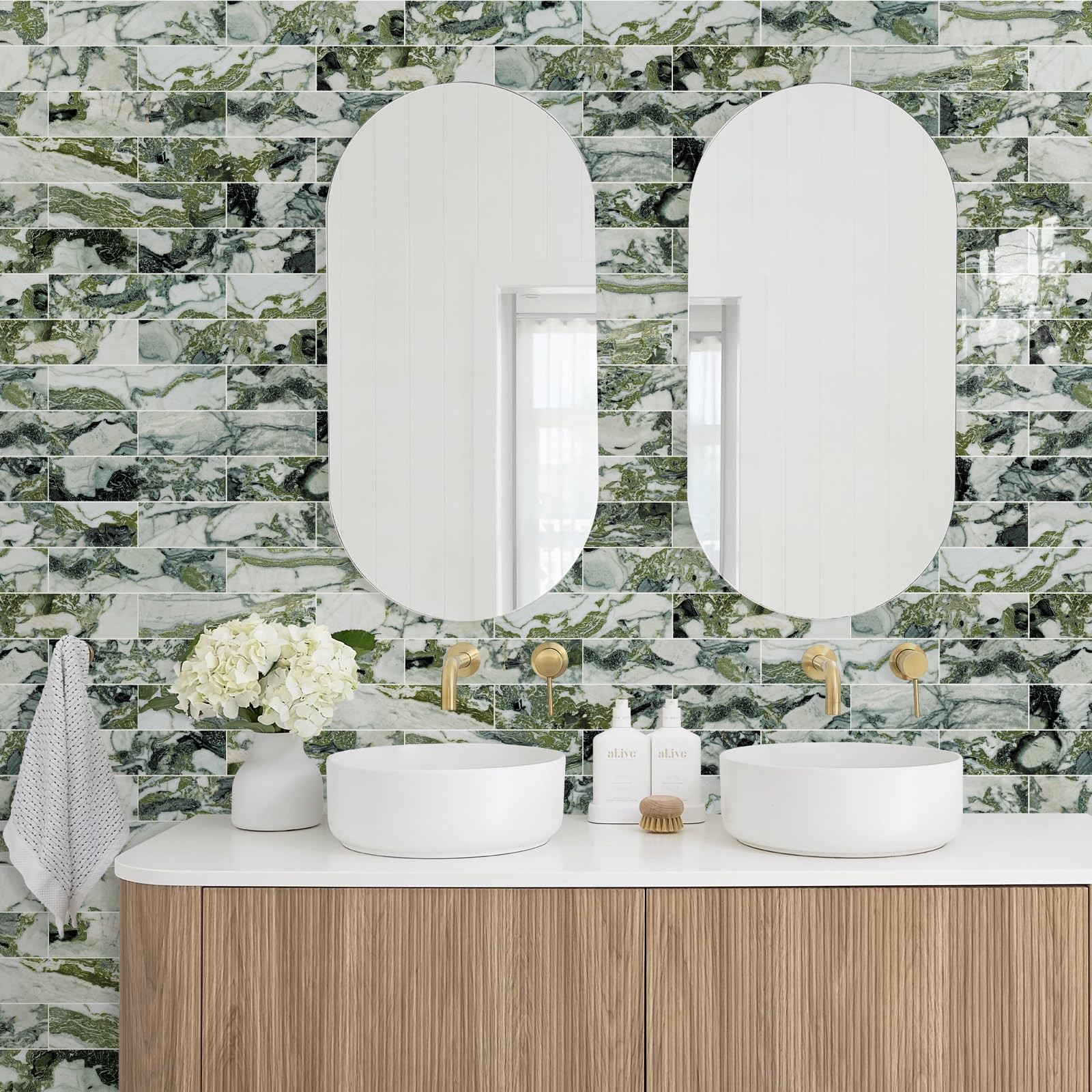 40-Piece Glossy Ice Green Marble Peel and Stick Backsplash Tiles with White G…