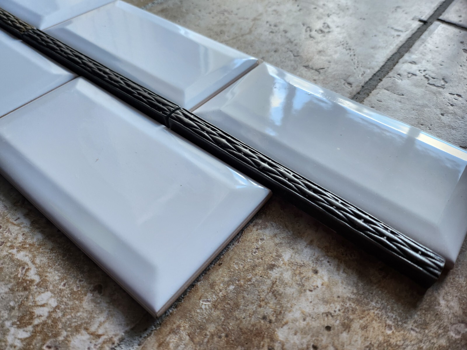 Basket Weave Pewter Tile Pencil Liner Metal Border. Brushed nickel satin finish.