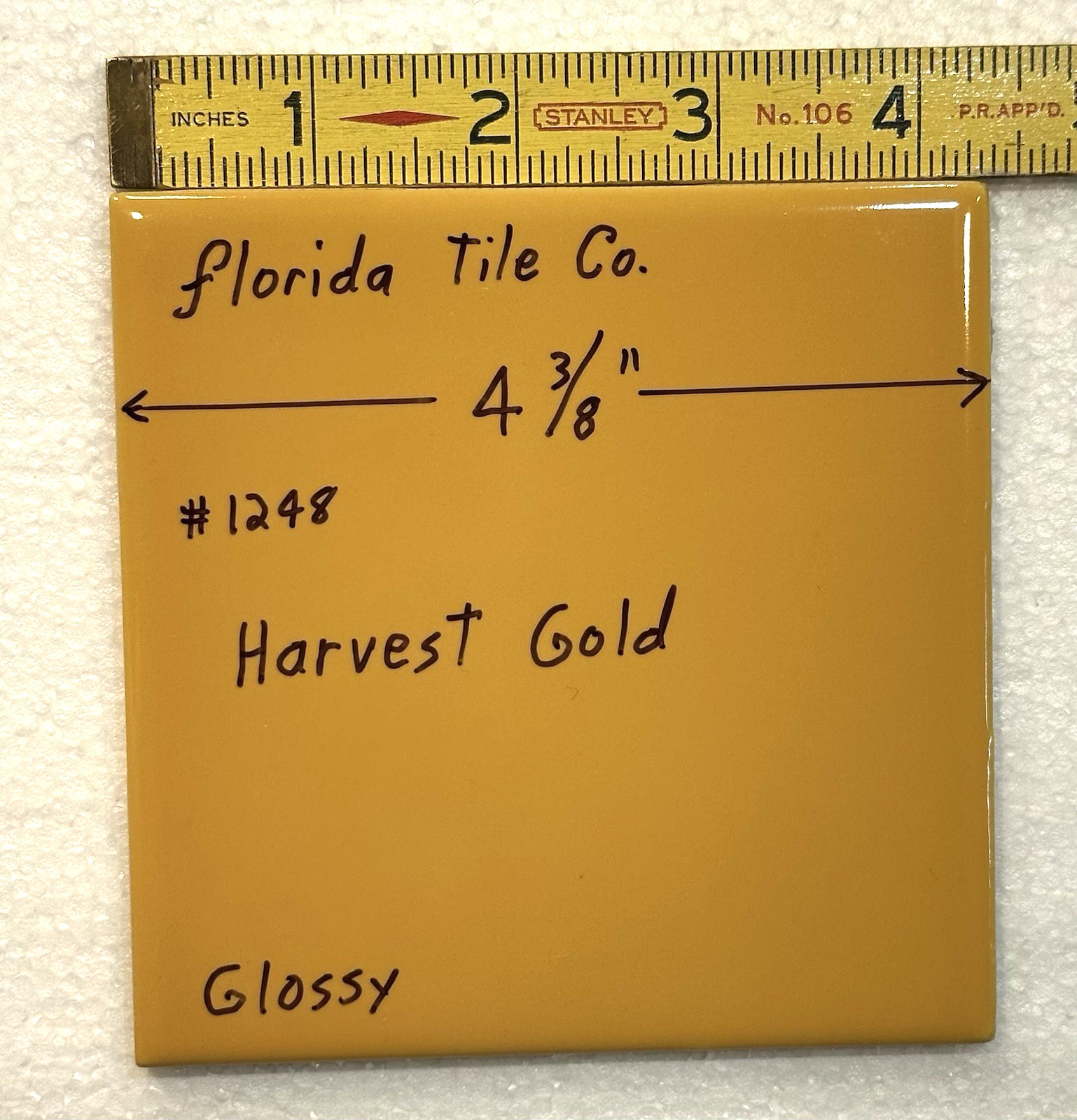 1 pc. Harvest Gold Yellow: 4-3/8″ Glossy Ceramic Tile by Florida Co. #1248 NEW