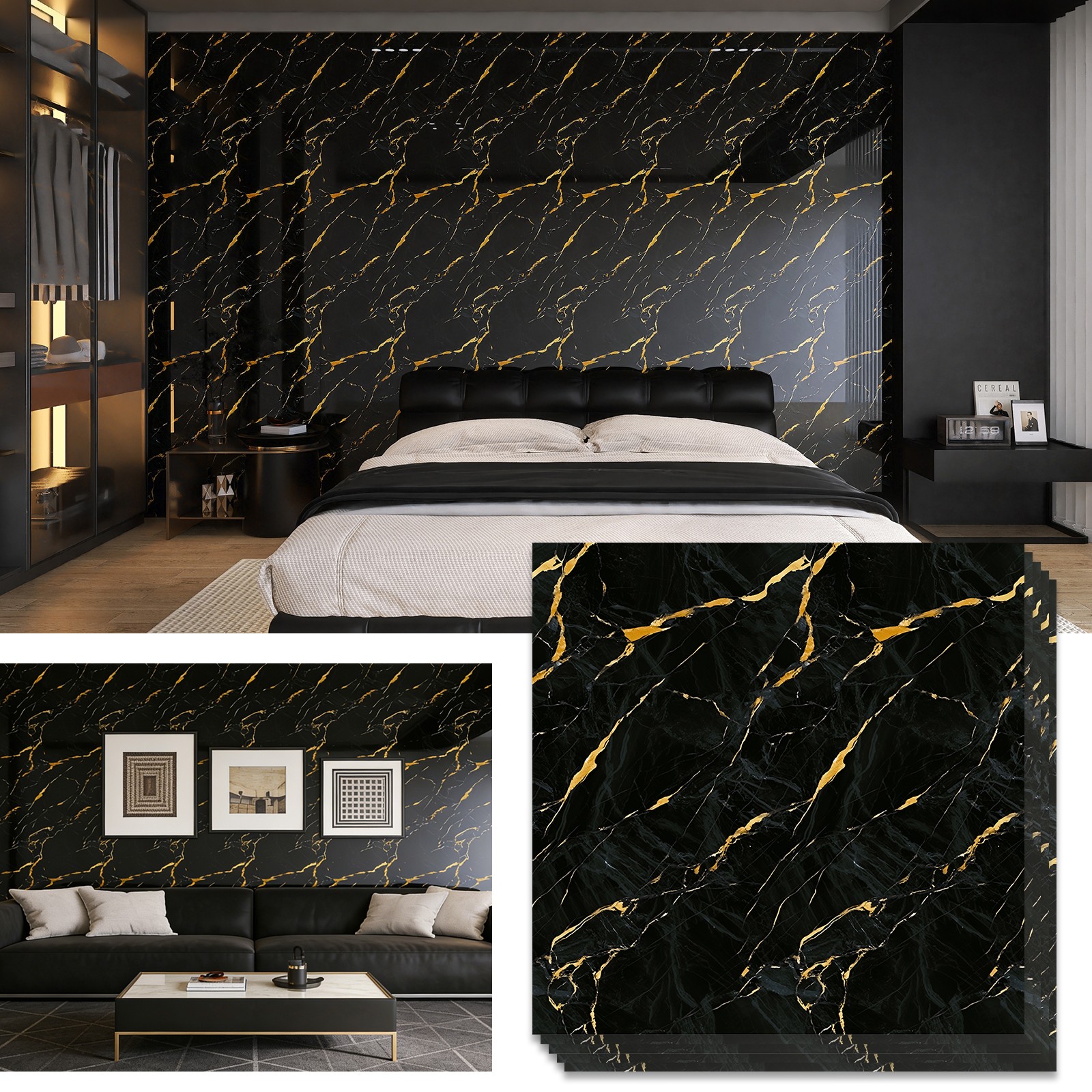 50/100 Pcs Peel & Stick PVC Wall Tiles 12″ Marble Floor Wall Panels Foam Sticker