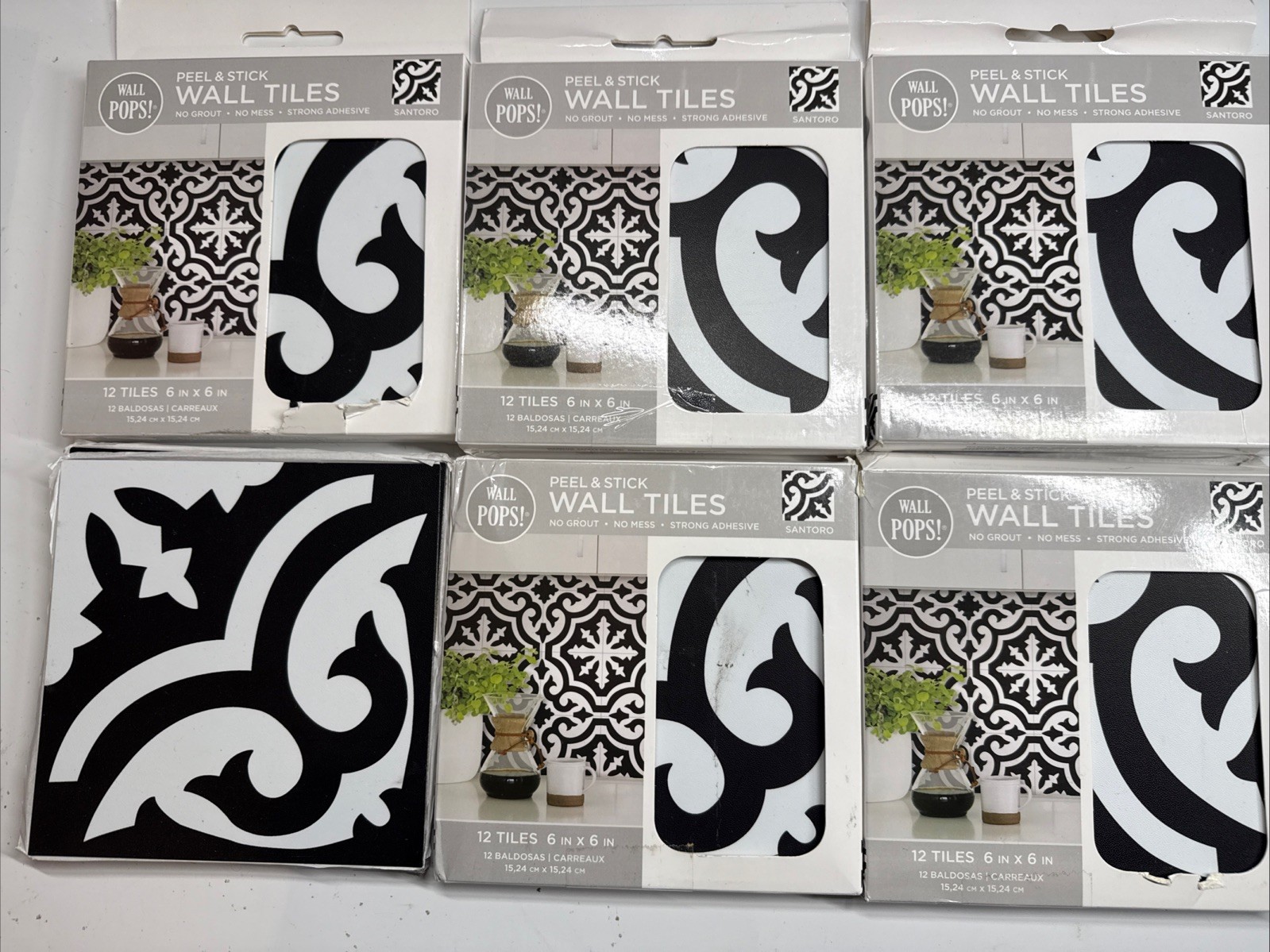 6 pack WallPops Wall Pops Santoro Peel & Stick Wall Tiles, Black 6 in X 6 in