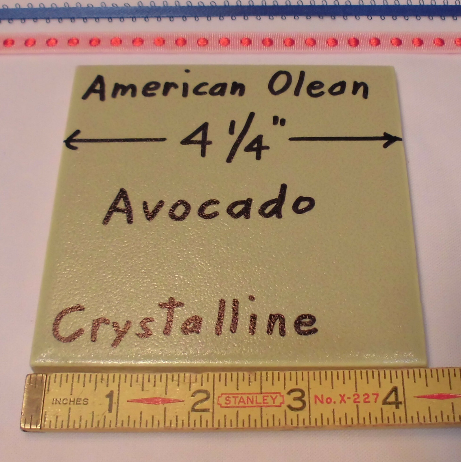 1 pc. *Avocado* Ceramic Tile Crystalline Glazed by American Olean 4-1/4″ NOS
