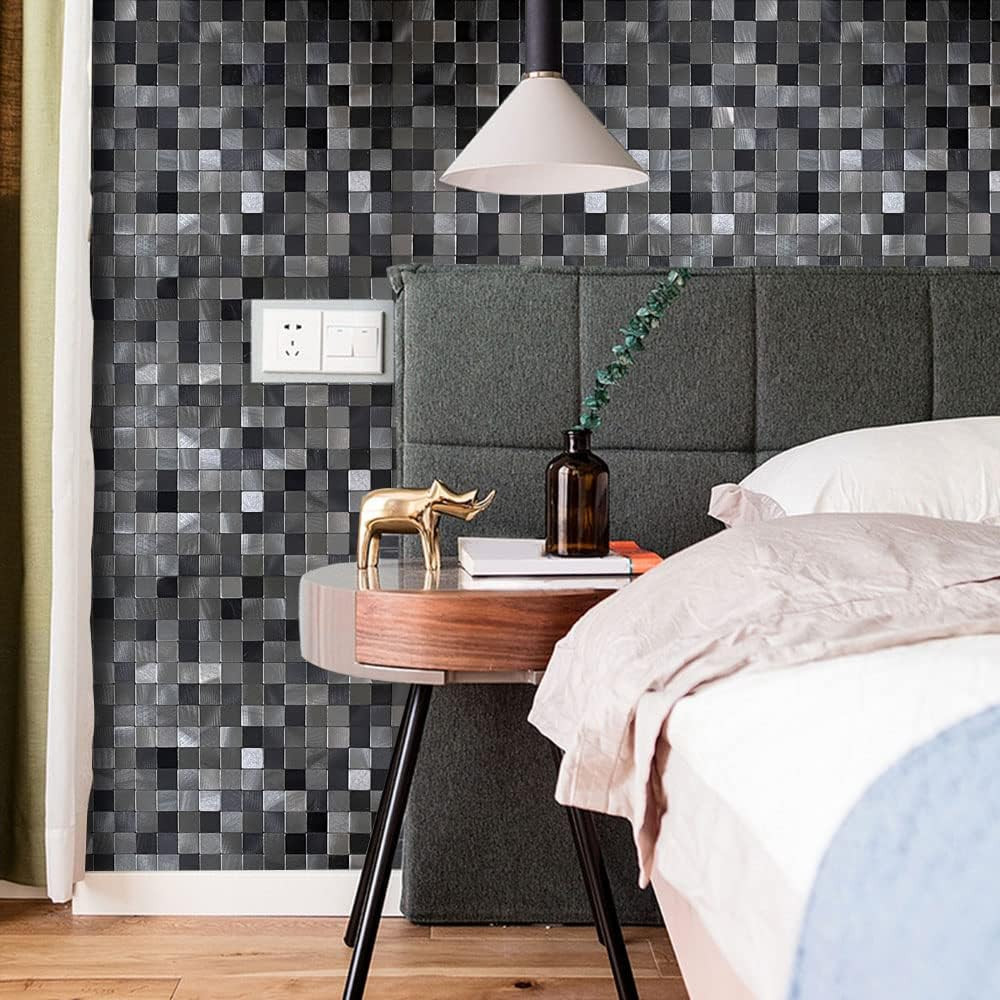 10-Piece Peel and Stick Metal Backsplash Tiles – Black & Gray 11.73″x11.73