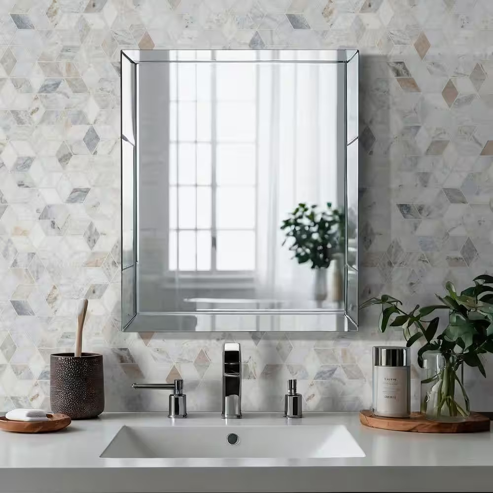 Arabescato Carrara Venato Cube 11 In. X 13 In. Mixed Marble Mesh-Mounted Mosaic
