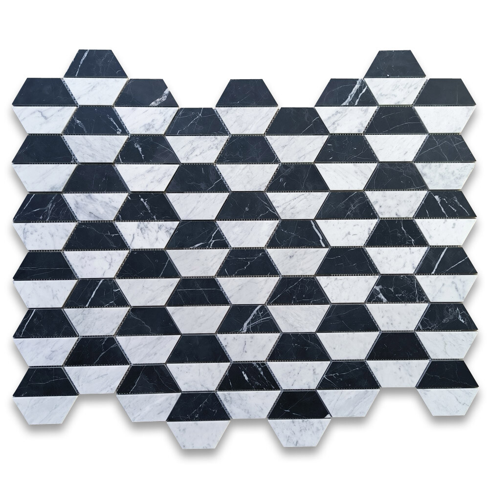 C35T1XH Carrara White Marble Trapezoid Split Hexagon Mosaic Tile Black Honed