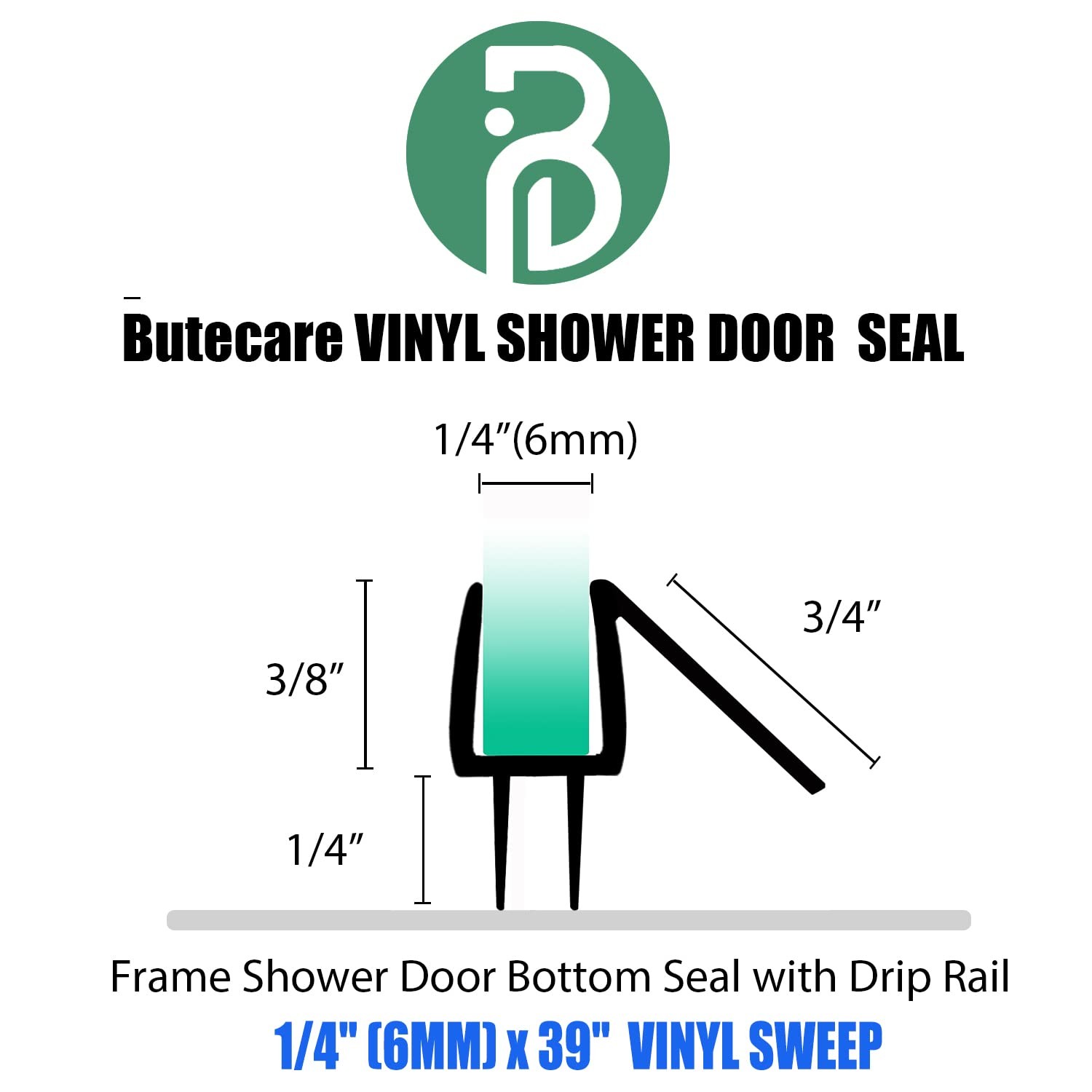 Butecare Premium Frameless Shower Door Bottom Seal Strip 1/4”x 39”, Yellow