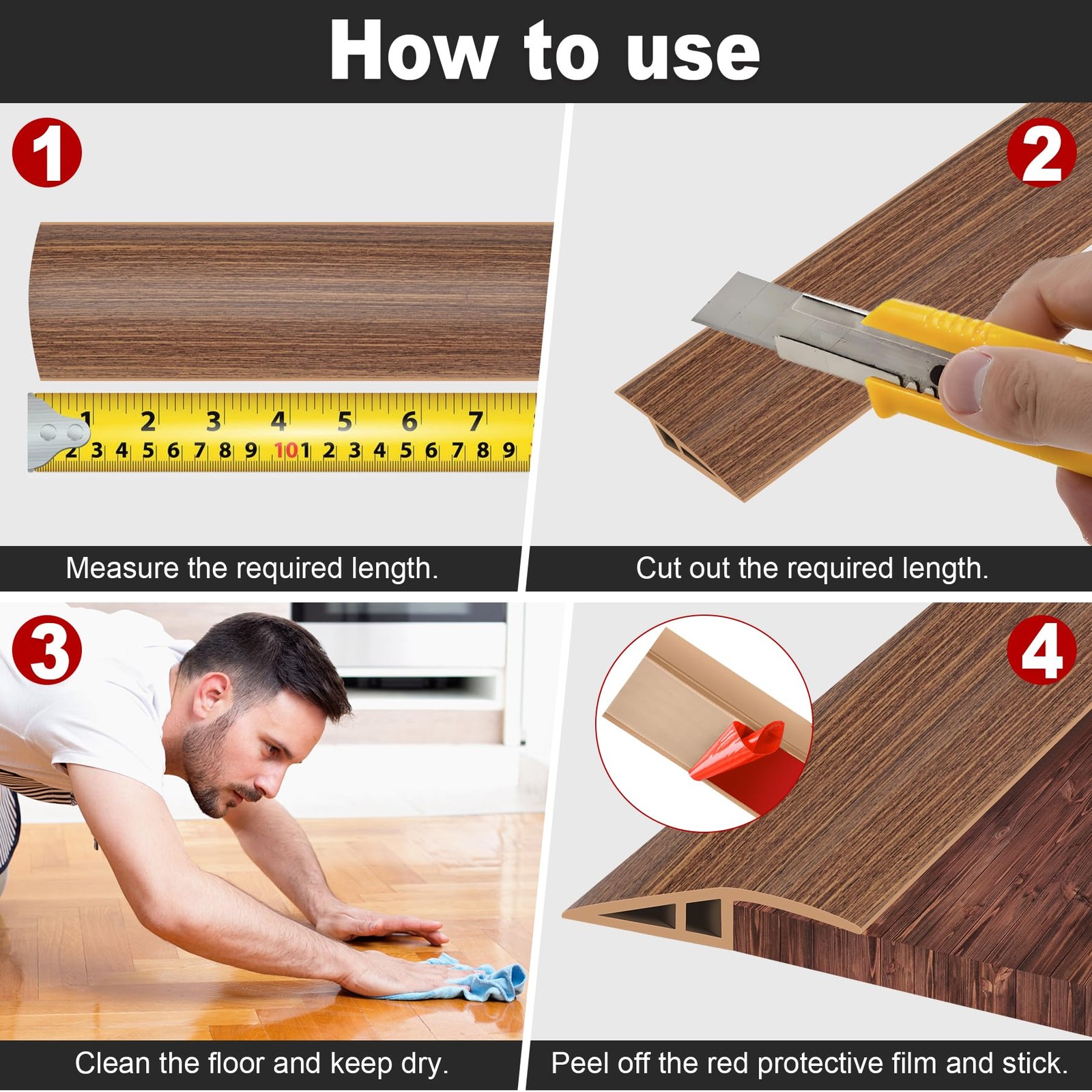 Floor Transition Strip, Self 1/5″ to 2/5″, 3.3FT, Light Brown Wood Grain