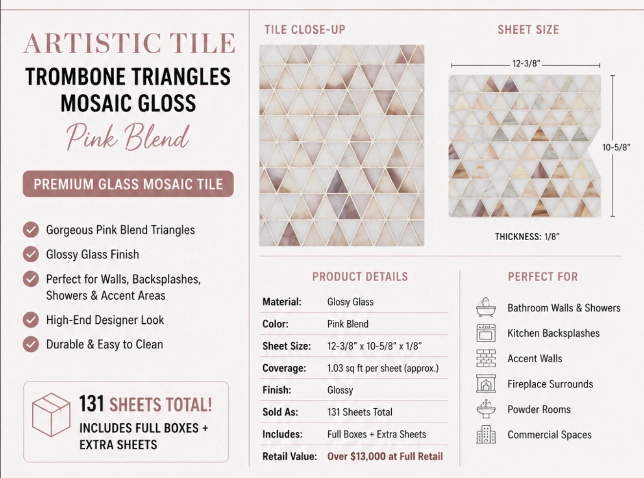 Artistic Tile Trombone Triangles Pink Blend Glass Mosaic Luxury Tile Sheets