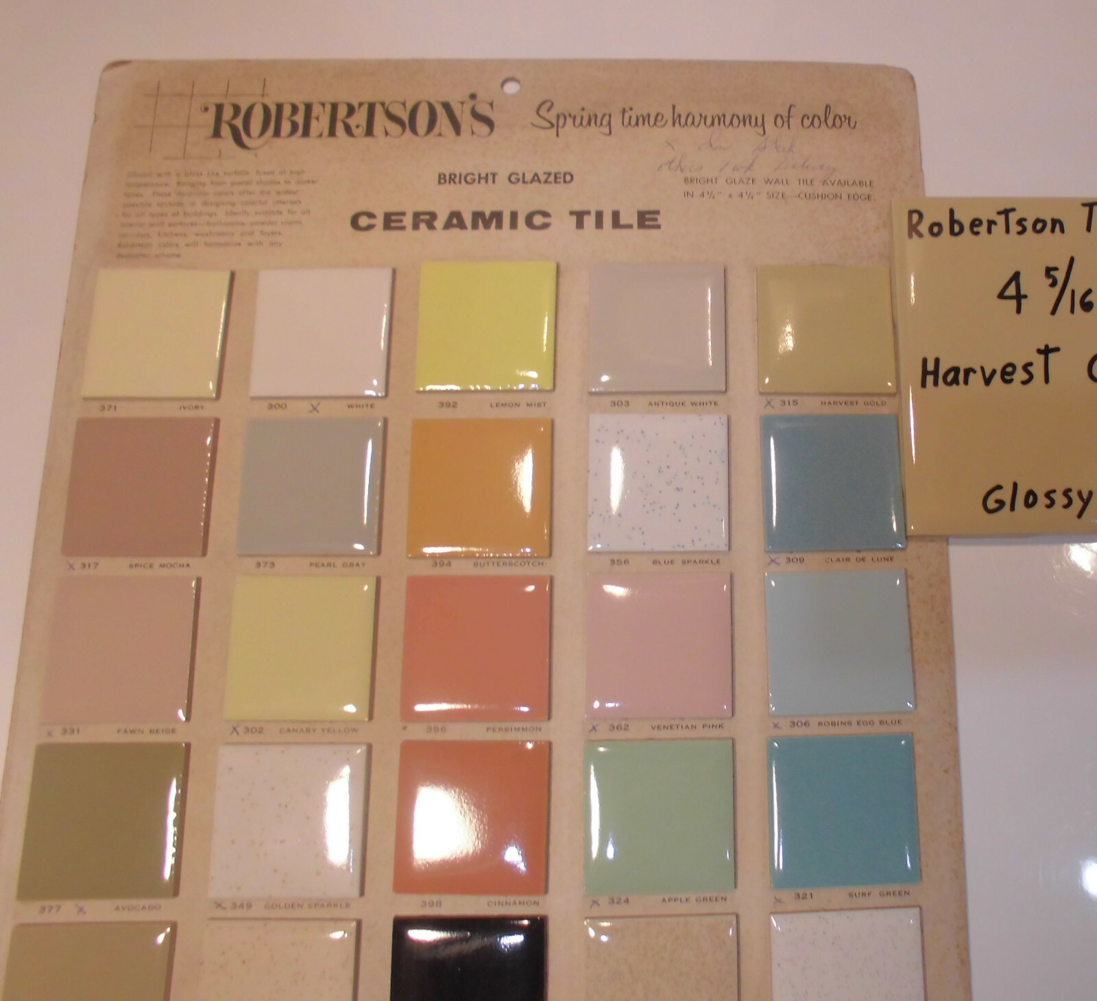 1 pc. *Harvest Gold / Yellow* Ceramic Tile 4-5/16″- 4-3/8″ Robertson Co. NOS
