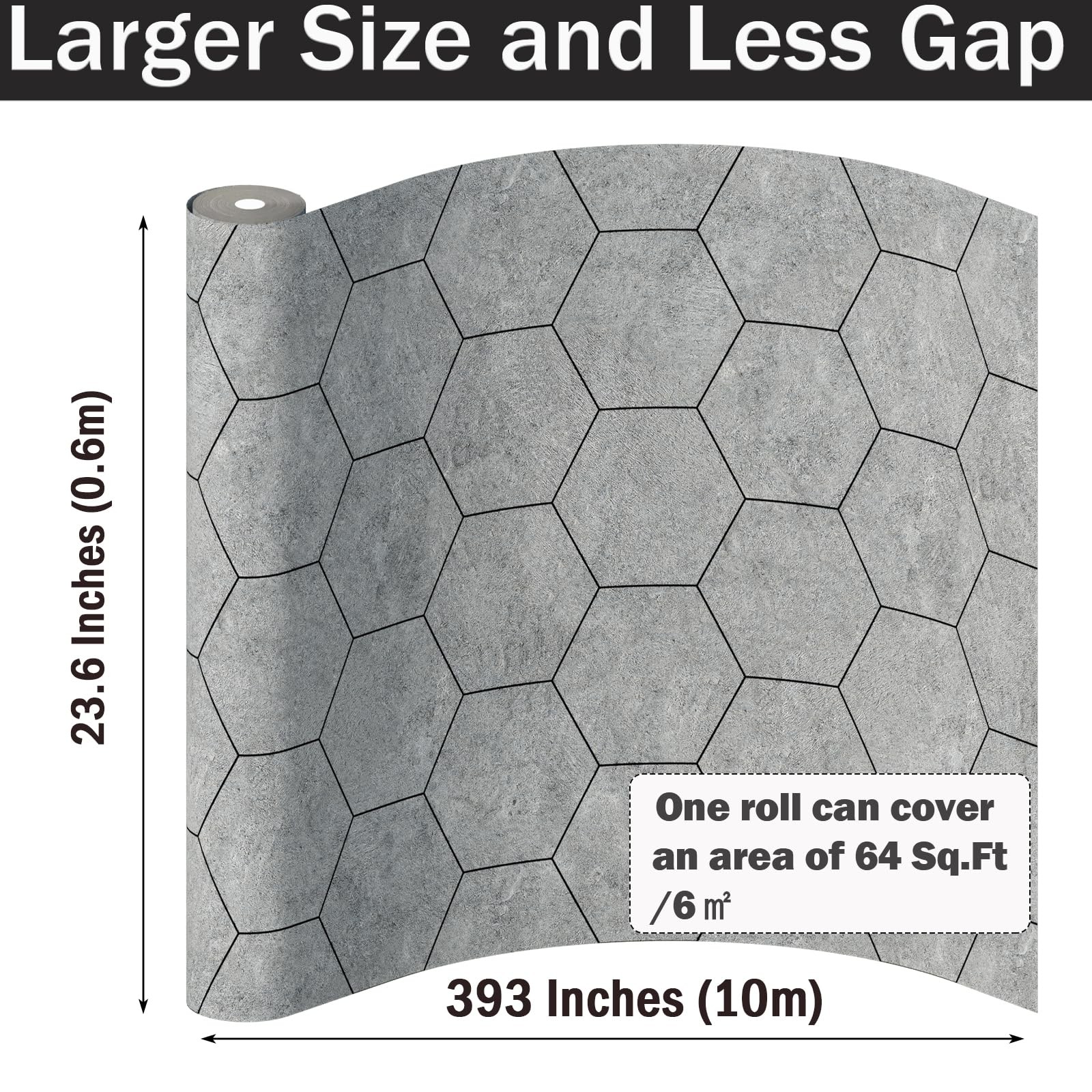 Oxdigi Vinyl Flooring Roll 64 sq.ft 24in x 396in Hexagonal Marble Grey