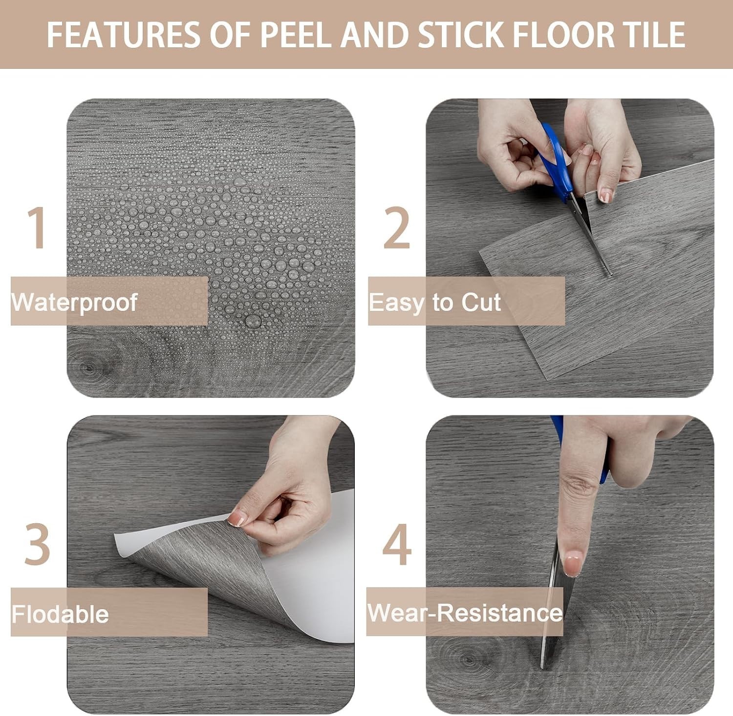 Scratch-Resistant Grey Peel and Stick Floor Tiles, 10-Pack for Stylish Upgrades