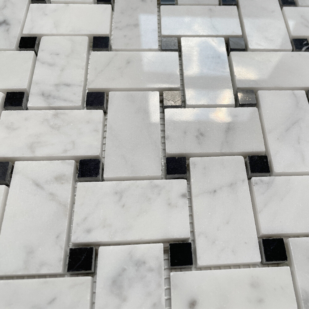 C651XP Carrara Marble Basketweave Mosaic Tile Carrera Black Dots Polished 1×2