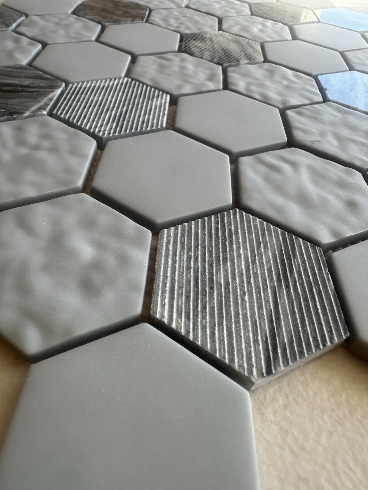 Grey Marble And Glass Hex Mixed Glossy, Matte And Textured Finish 12×12 Inch