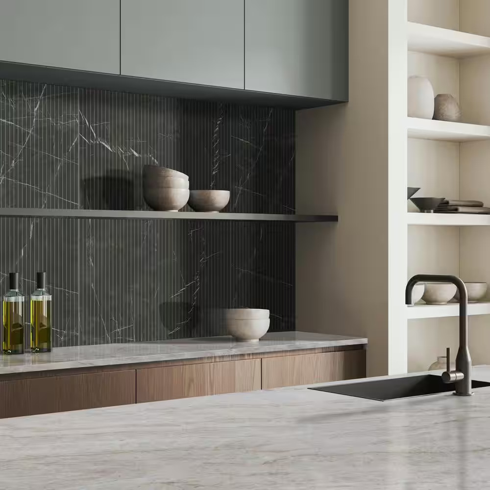 Urban Bamboo Marmi Noir 16 In. X 48 In. Satin Fluted Ceramic Wall Tile (15.51 Sq