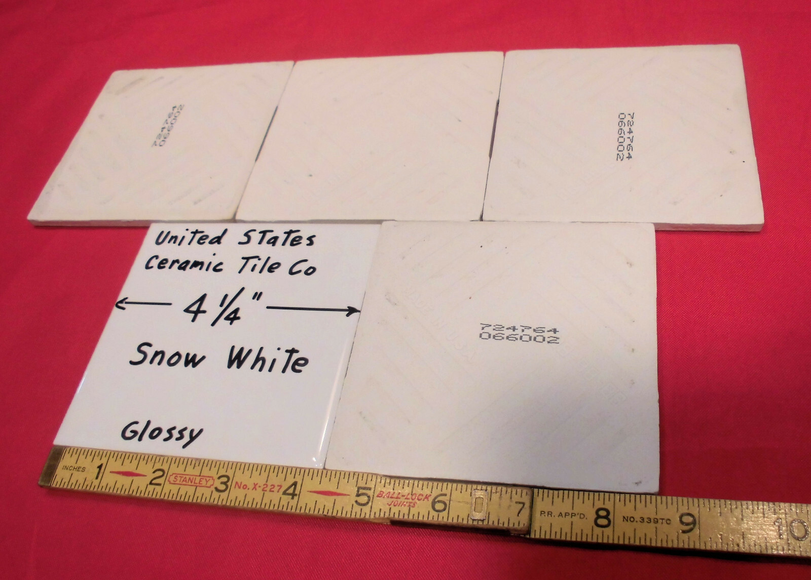 5 pack: Glossy Ceramic Tiles *Snow White* 4-1/4″ From the 1990’s Made in U.S.A.