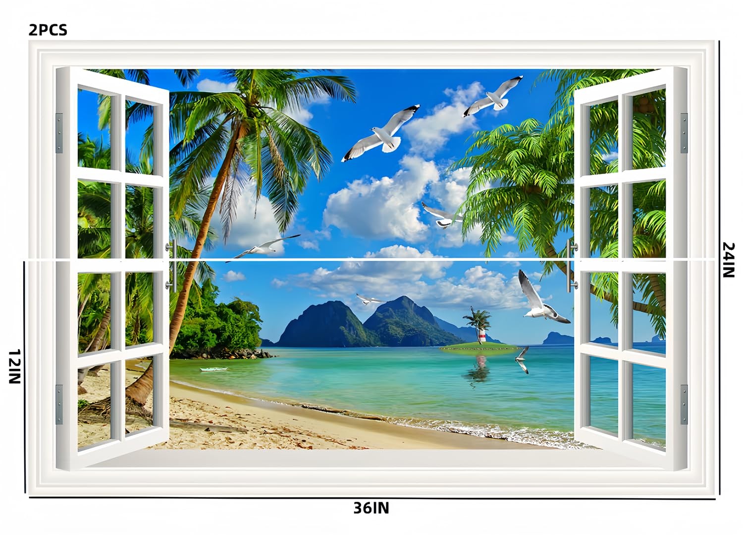 3D -Adhesive Painting Fake Window Wall Stickers Tropical Island with Palm Tre…