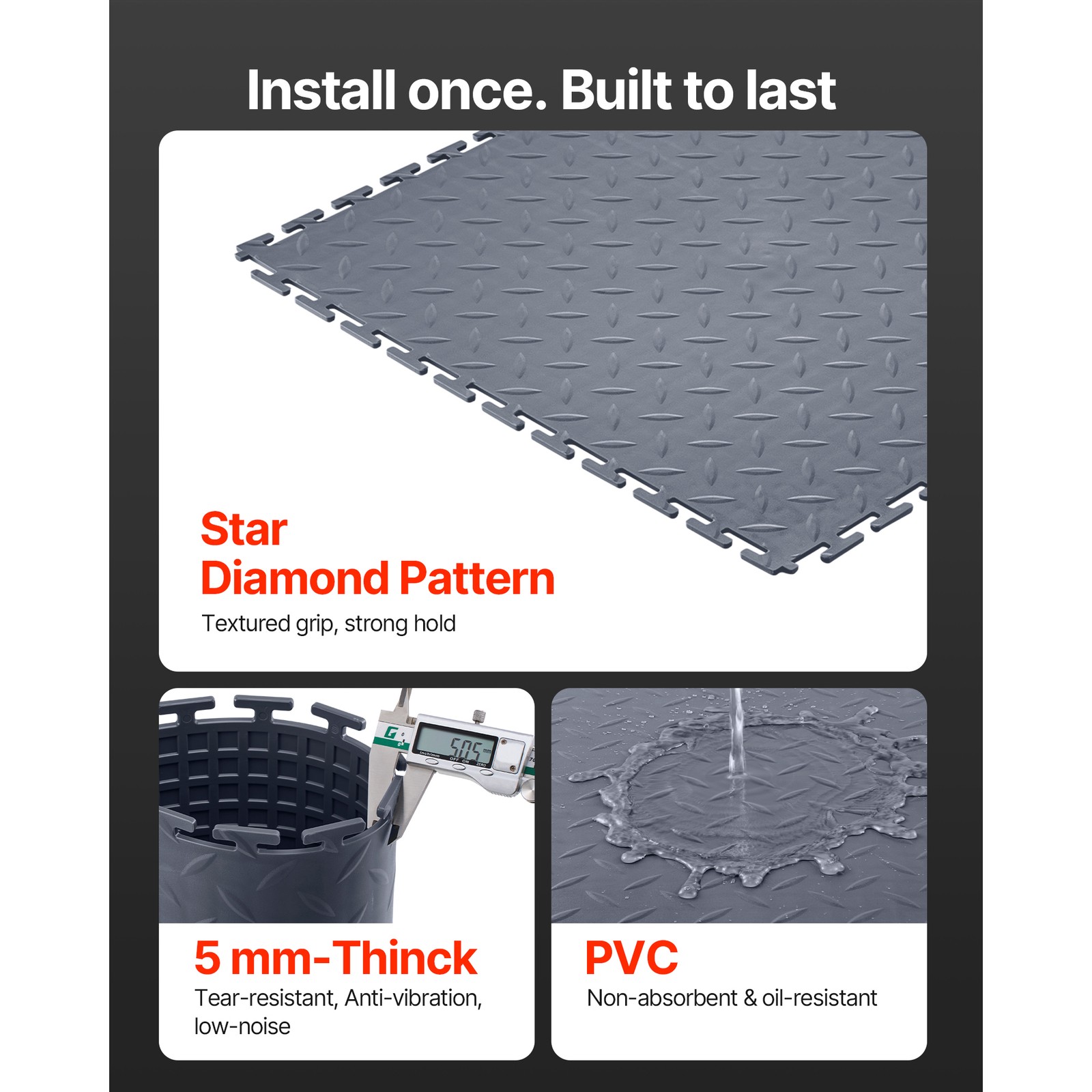 Uimoso Interlocking Garage Floor Tiles, 16 Pack, 20.2×20.2×0.2 in, PVC, Gray