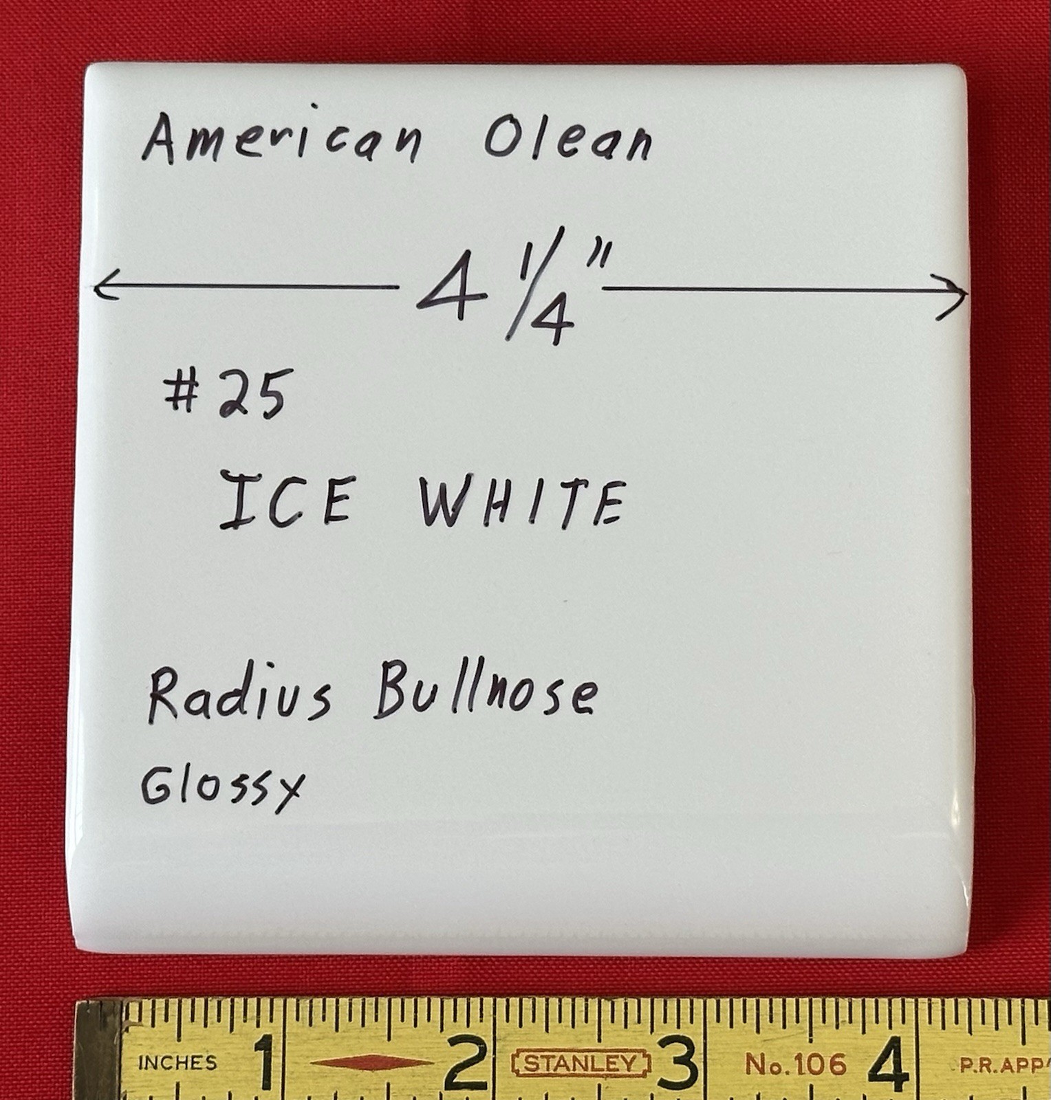 1 pc. Ice White: Gloss Radius Bullnose Ceramic Tile 4-1/4″ American Olean, New