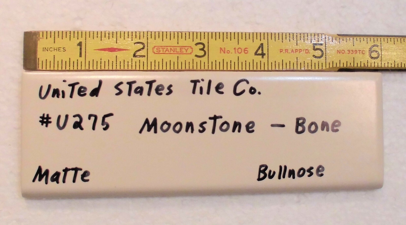 1 pc. Matte Bone: Bullnose Surface Flat Ceramic Tile #U-275 Moonstone, Made USA
