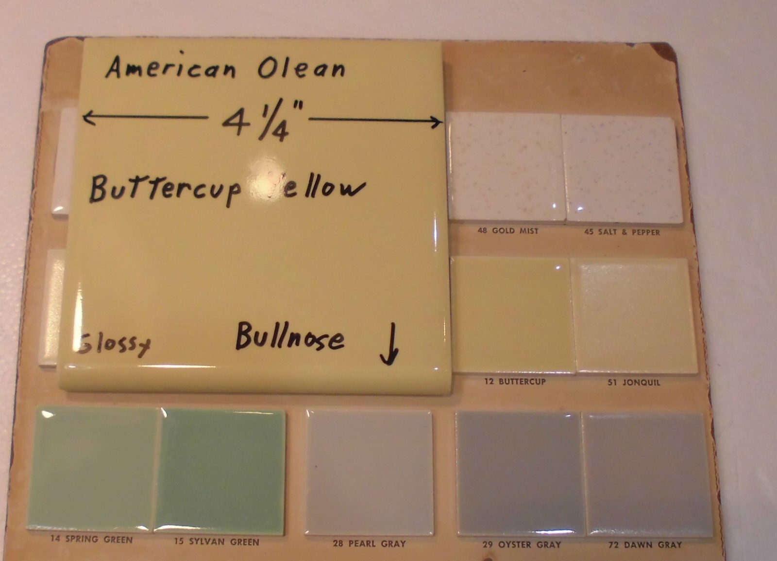 1 pc. Buttercup Yellow: 4-1/4″ Glossy BULLNOSE Ceramic Tile: American Olean, NOS