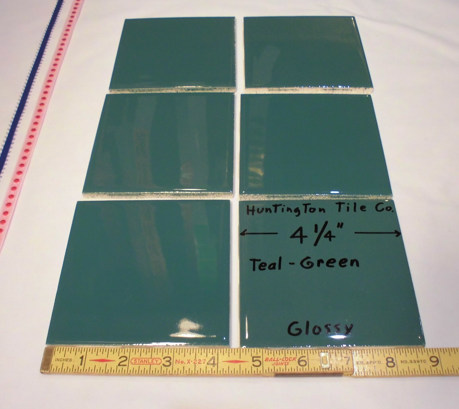 6 pcs. Glossy Ceramic Tiles *Teal-Green* 4-1/4″ Made USA by Huntington Co. NEW