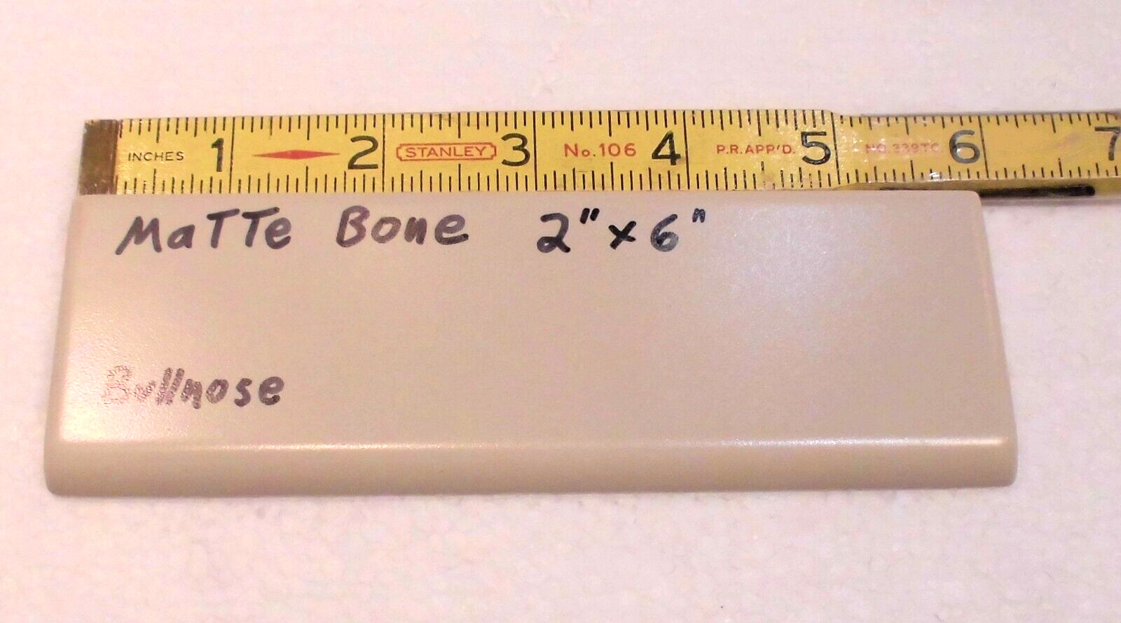1 pc. Matte Bone – Almond: Ceramic Bullnose Tile 2” X 6” Flat-Surface Type, NEW