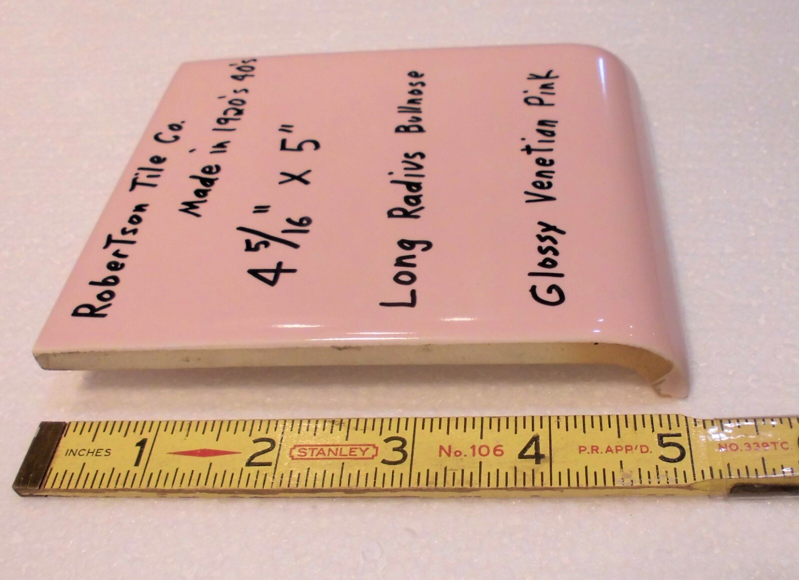1 pc. Venetian Pink: Glossy Ceramic Radius Bullnose Tile 4-5/16″ X 5″ Robertson