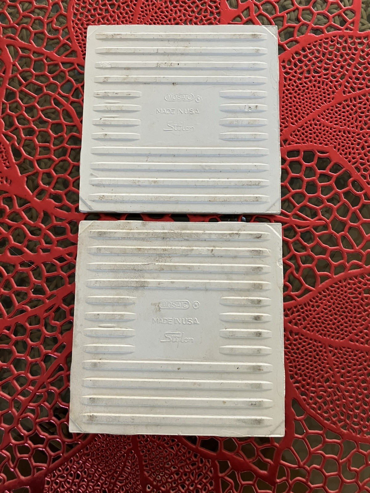 Lot 2 1970s Stylon Ceramic Tiles 4.25 x 4.25″ bumpy splatter dapple dimple USA