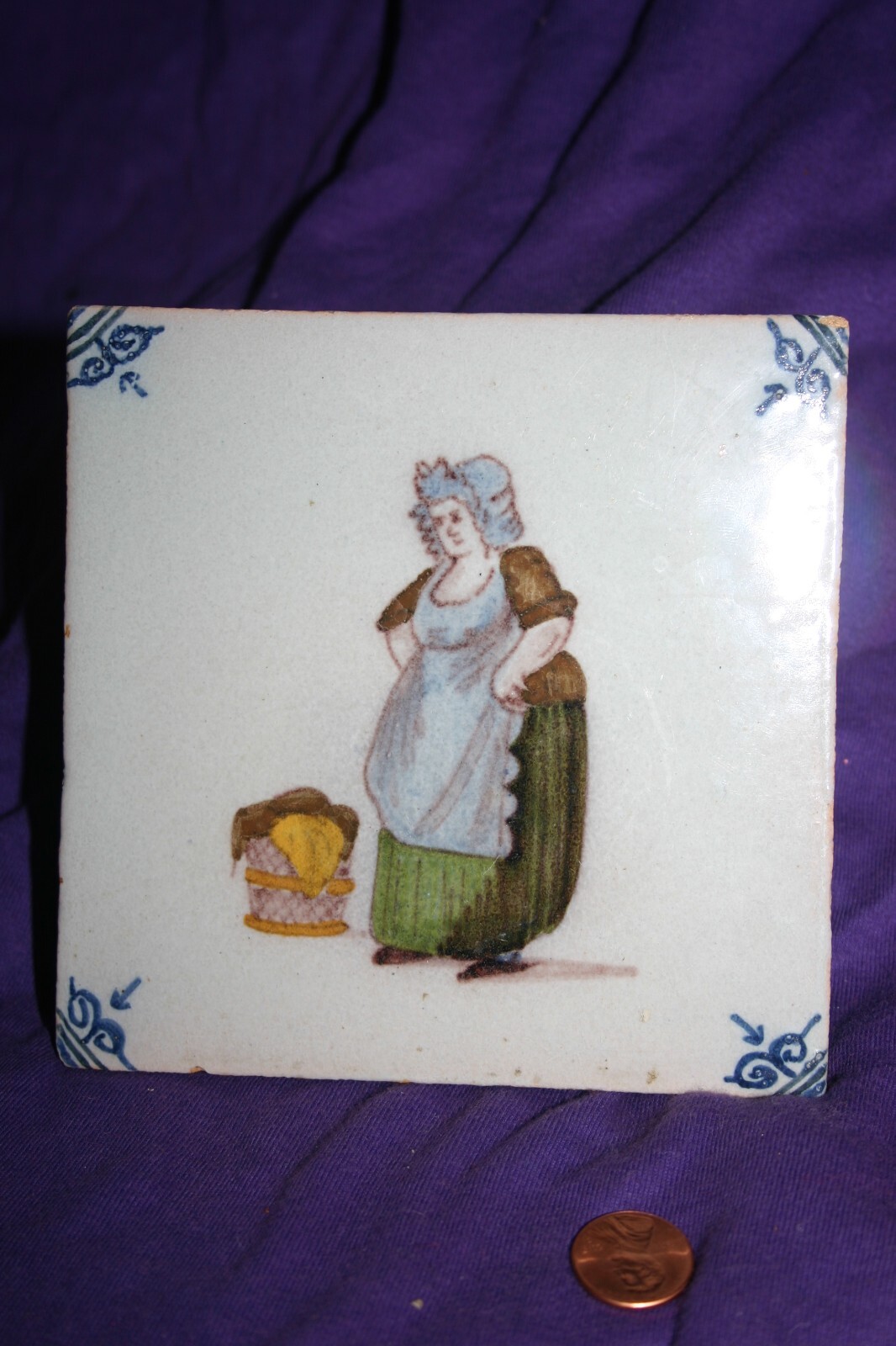 Vintage Ceramic Tile Art Talavera Trivet Wash woman Germany? D