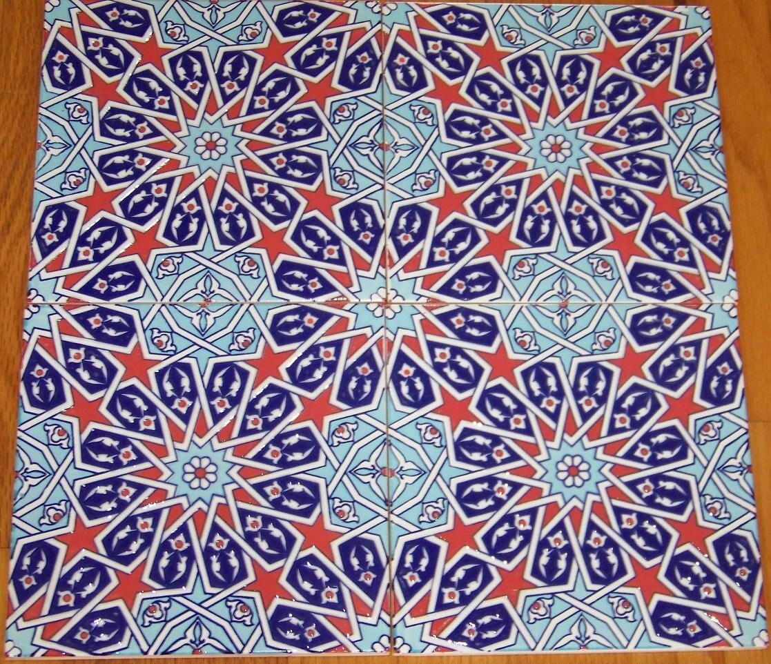16″X16″ Turkish Iznik Blue & Red Floral & Geometric Pattern Ceramic Tile