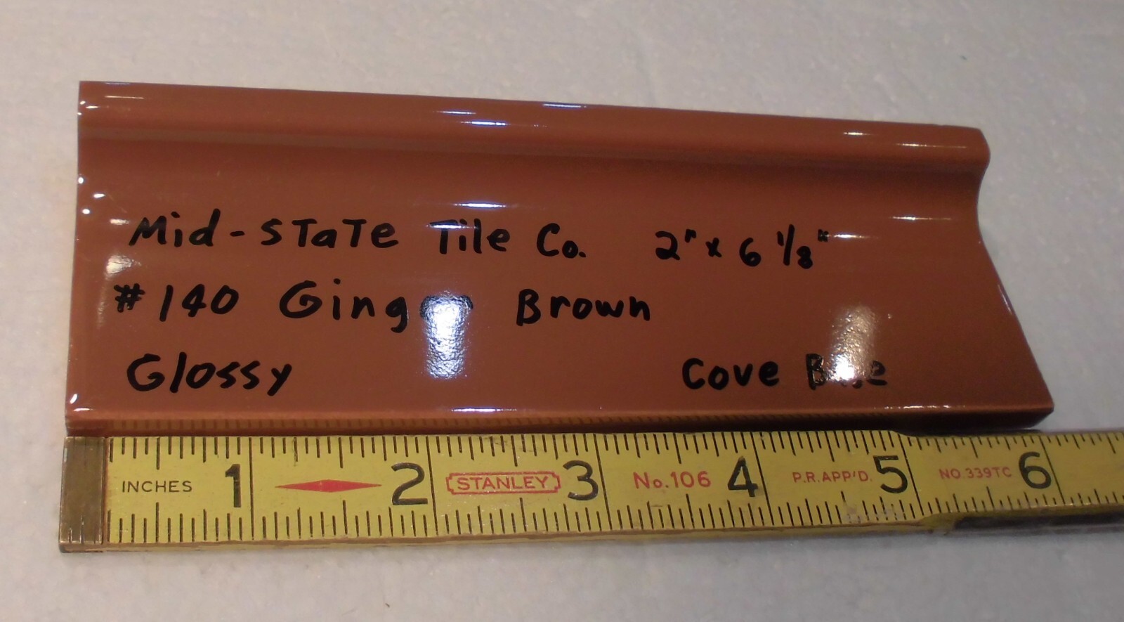 1 pc. Medium Brown: 2” X 6-1/8” Glossy Ceramic Cove Base Tile, Flat Top, NOS