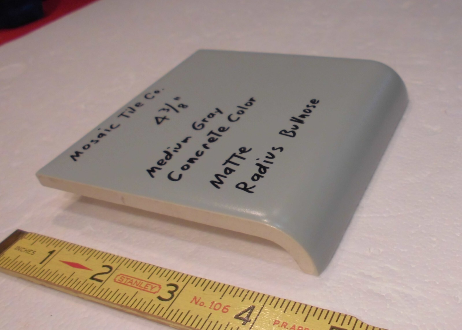 1 pc. Gray-Concrete Color: Matte Radius Bullnose Ceramic Tile 4-3/8″ Mosaic Co.