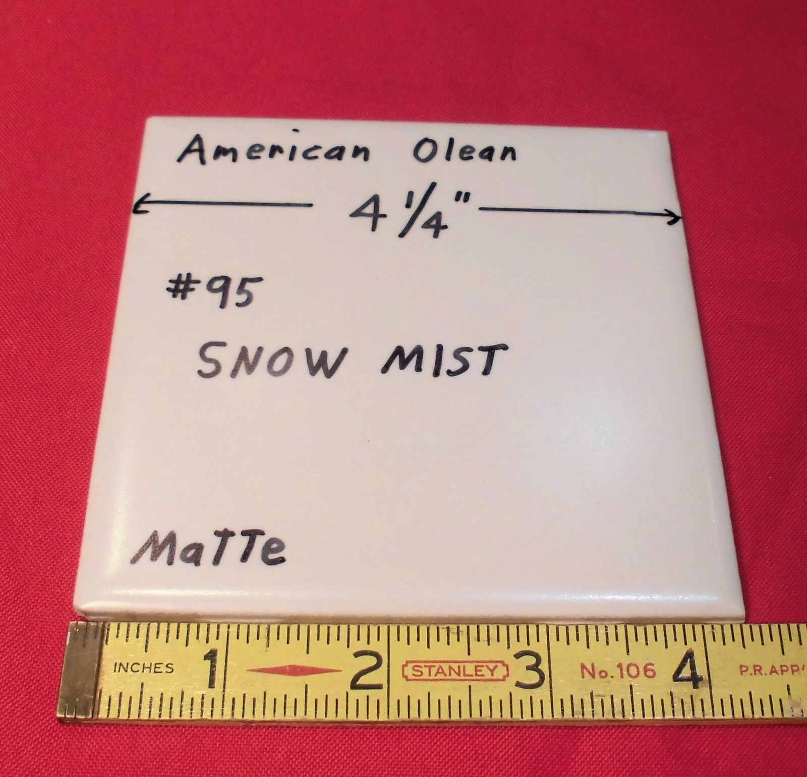 1 pc. Snow Mist: 4-1/4″ Matte White Ceramic Tile: American Olean, 1950’s-80’s
