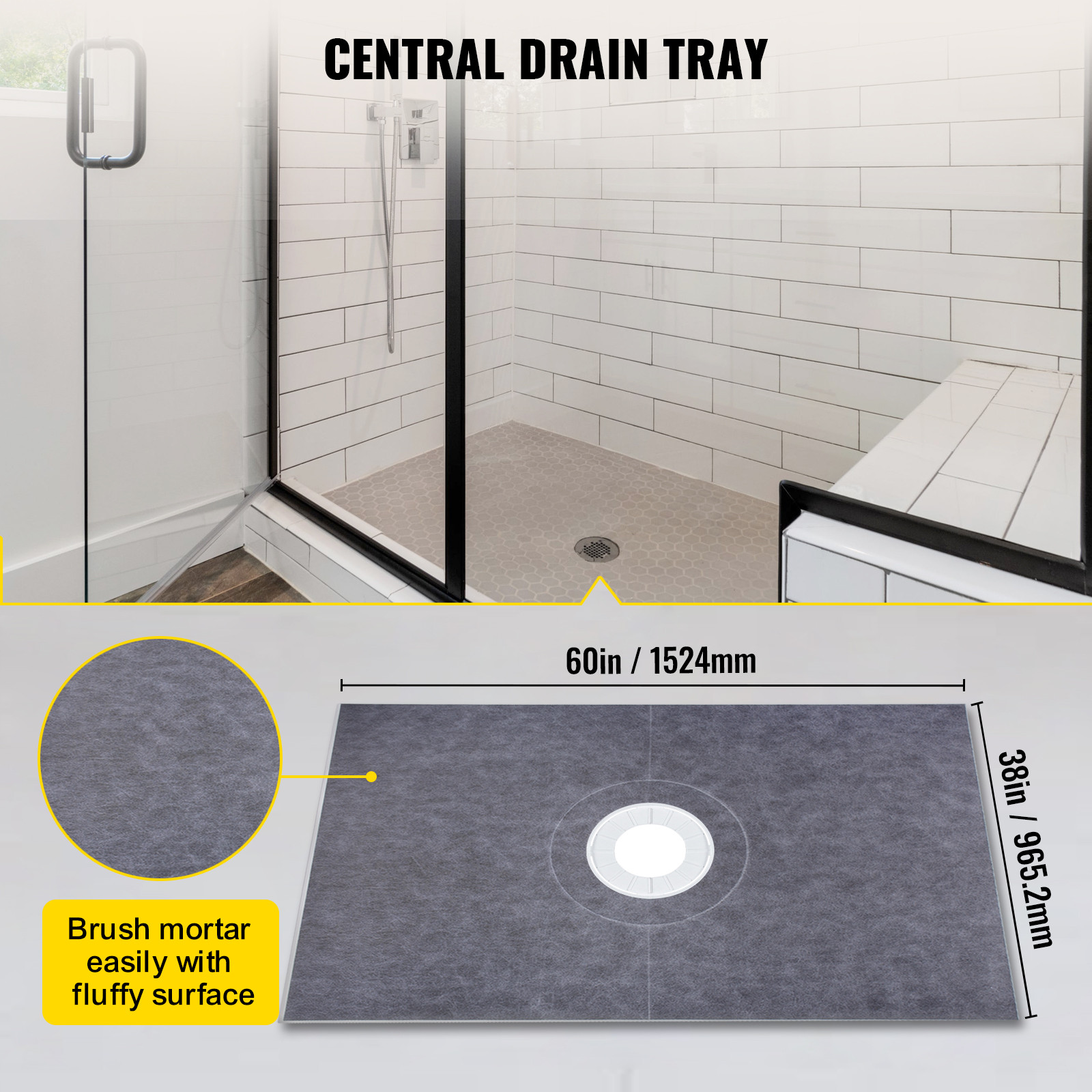 VEVOR Waterproofing Shower Curb Kit Shower Kit Tray 38″x60″ w/Central Drain PVC