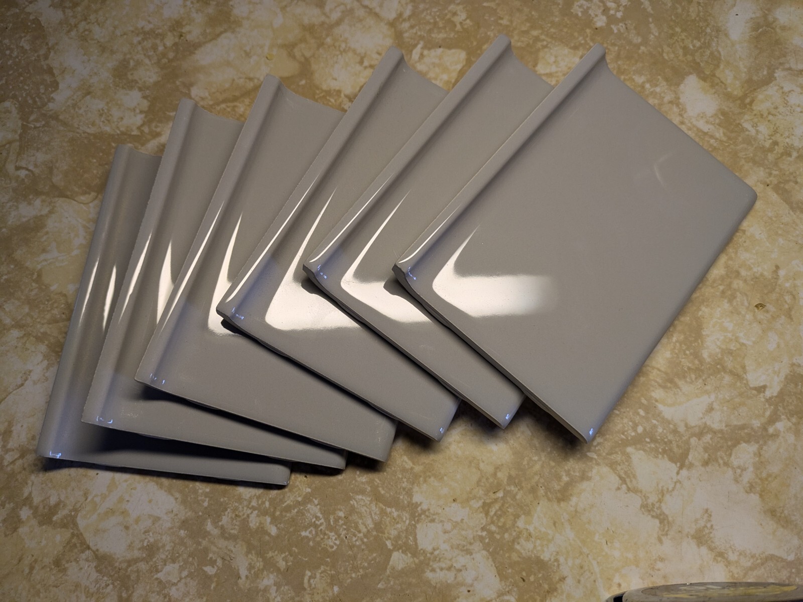 1 pc. Glossy Desert Gray Bullnose Top: base cove Ceramic Tile: 4-1/4″ X 6″ New