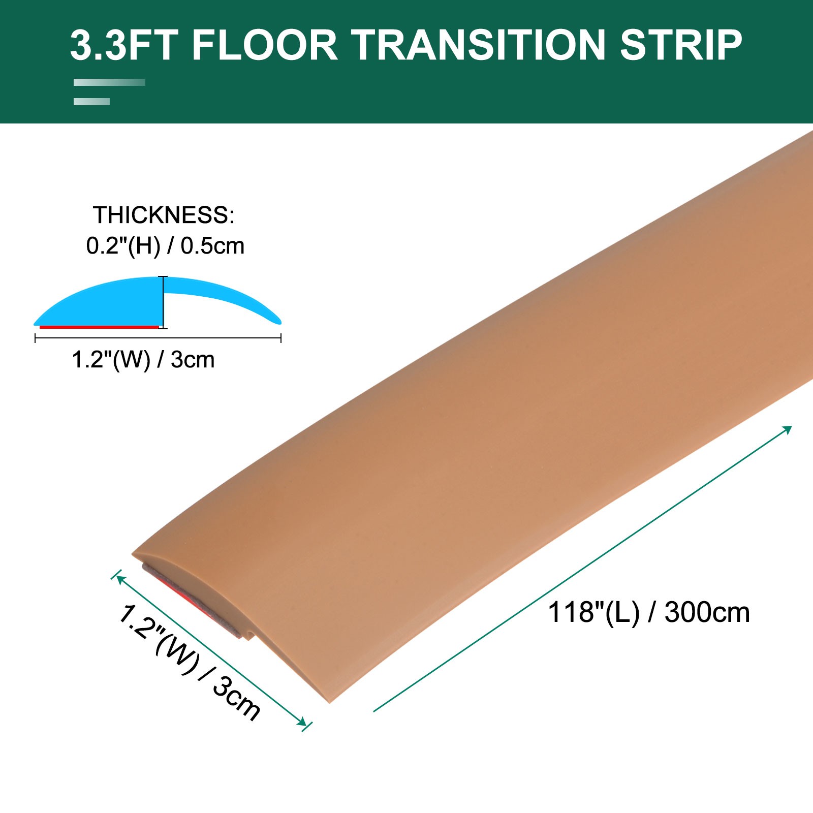 9.84ft PVC Floor Transition Strip, Self Adhesive Backing Carpet to Tile Brown