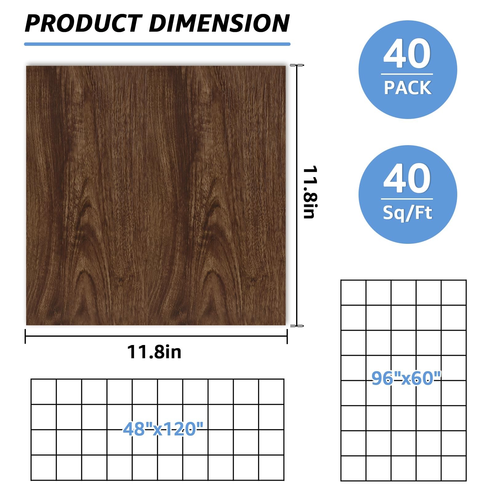 AKOLAFE 40 Sheet Vinyl Flooring 12 x 12 Peel and Stick Floor Tile Waterproof Dar