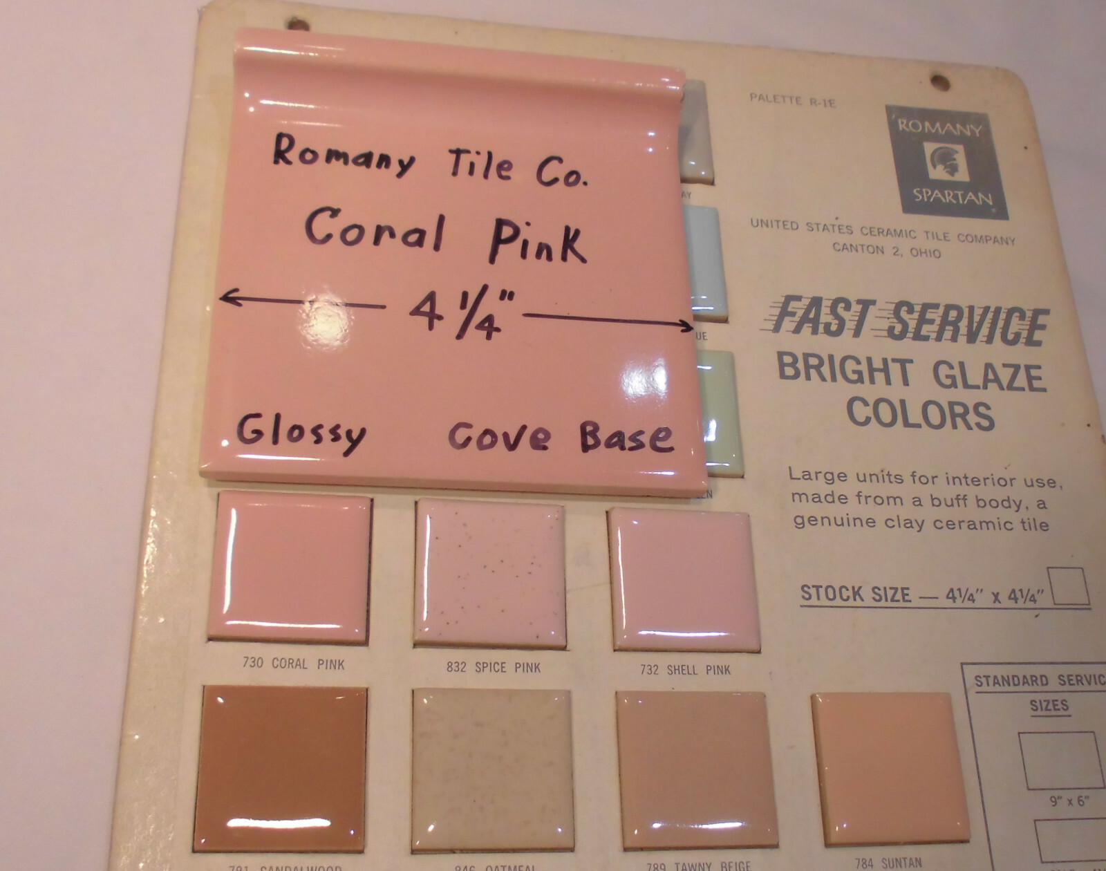 1pc. *Coral Pink* 4-1/4″ Glossy Ceramic Cove Base Tile; Romany Co. Flat Top