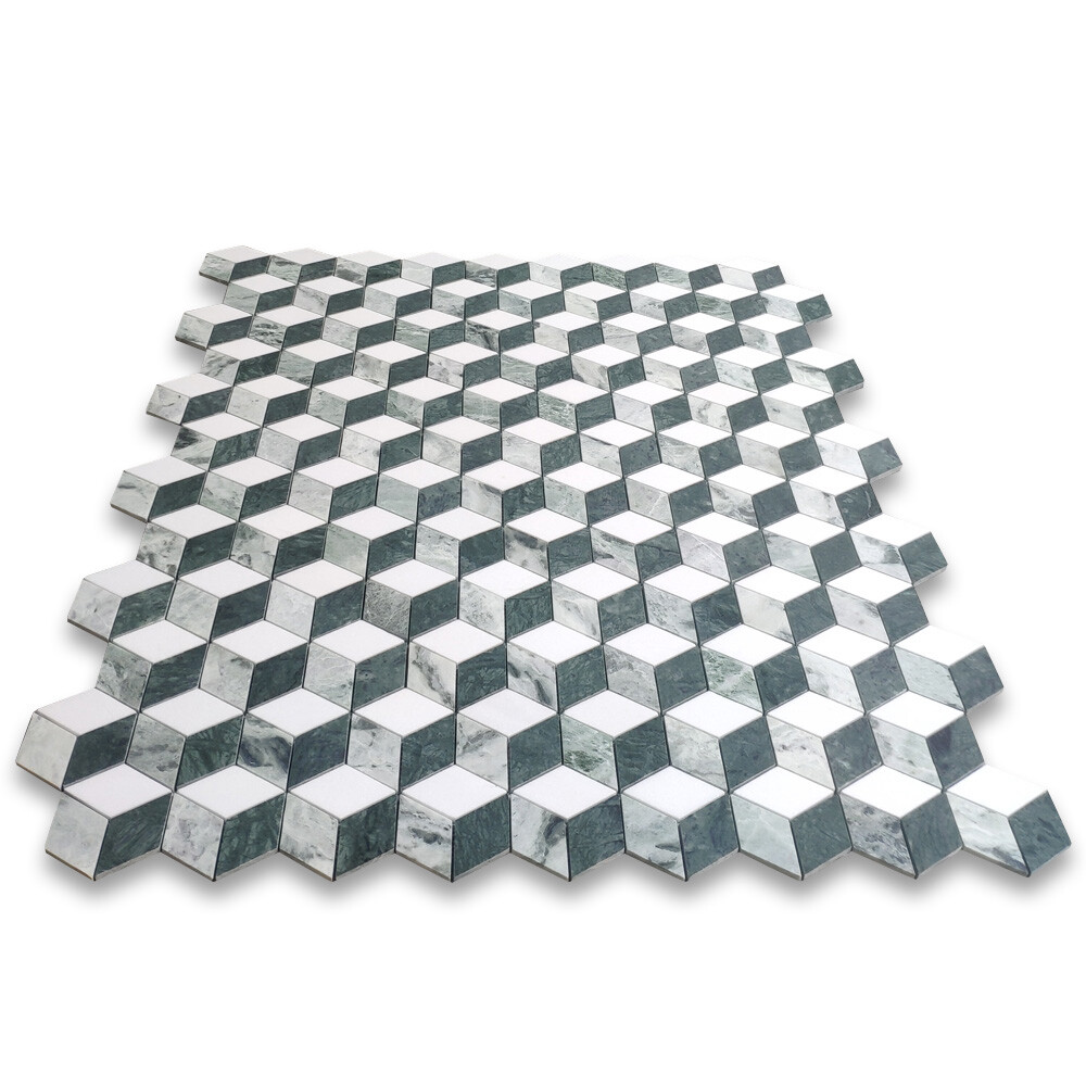 T34K2XH Thassos White Marble 3D Cube Rhombus Hexagon Mosaic Tile Green Honed