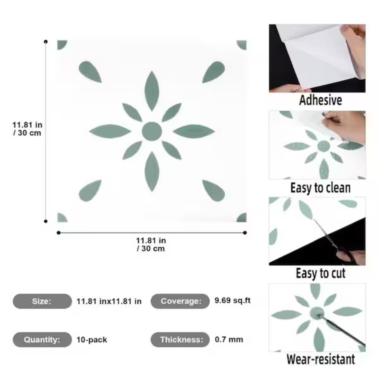Green Vinyl Peel and Stick Backsplash, Wall Tile for Kitchen (10PKG/9.69sq ft)
