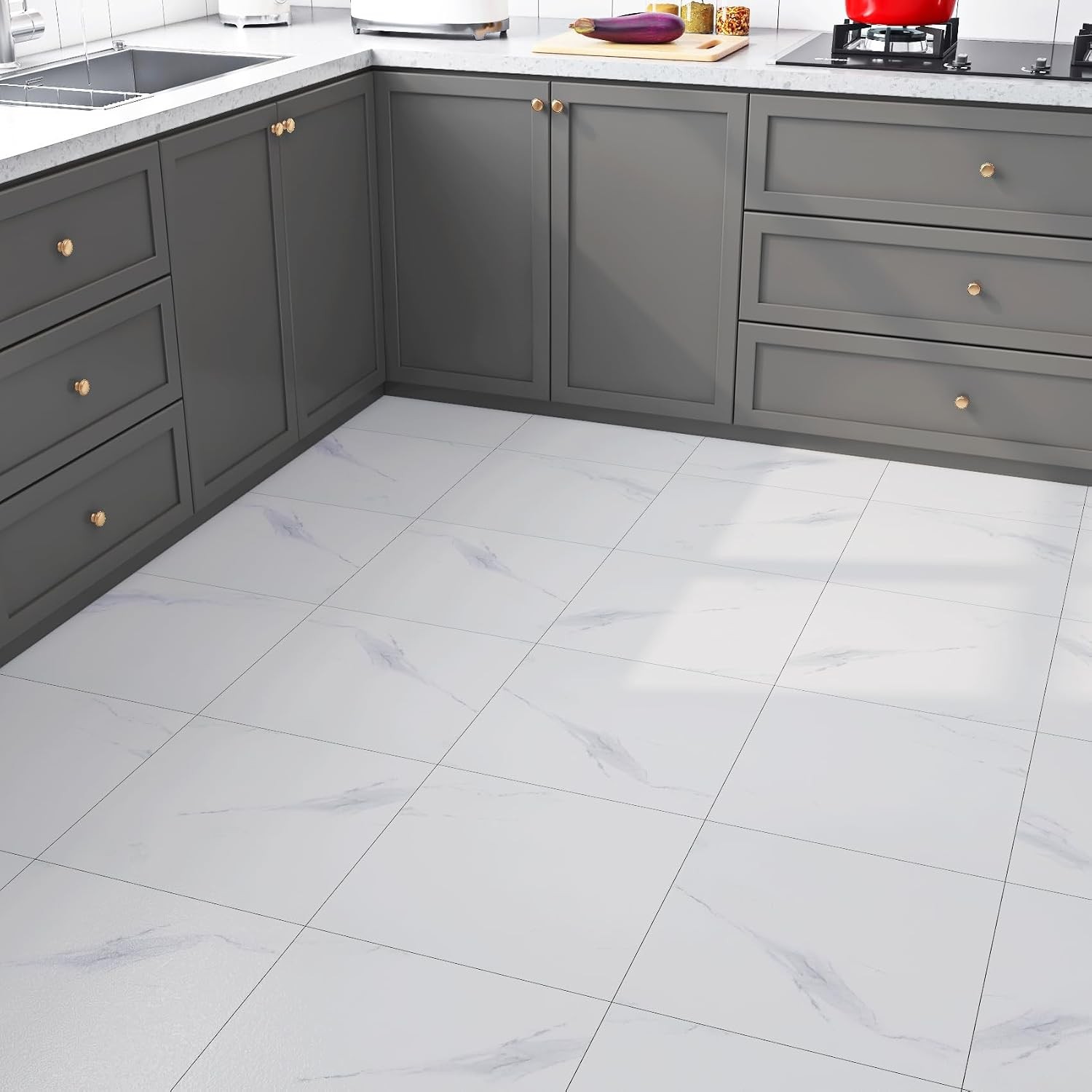 White Marble Peel and Stick Floor Tile 12in x 12in Waterproof Vinyl Flooring