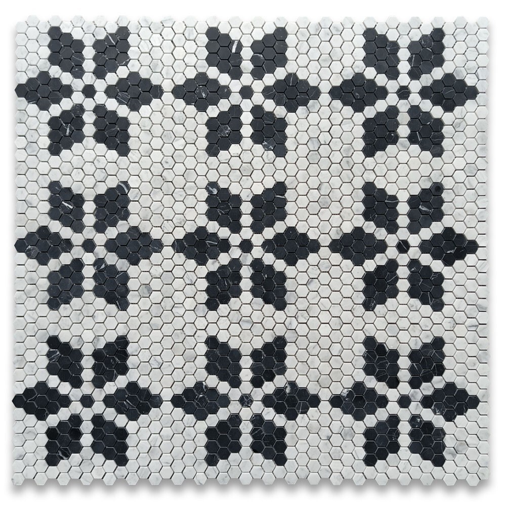C31FAXH Carrara White Marble Hexagon Ice Crystal Mosaic Tile Marquina Black